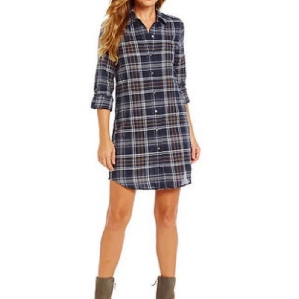 Sam Edelman Navy Blue Plaid Shirtdress, Maxi Shirt, Maxi Top, Cardi, Duster - Picture 12 of 14